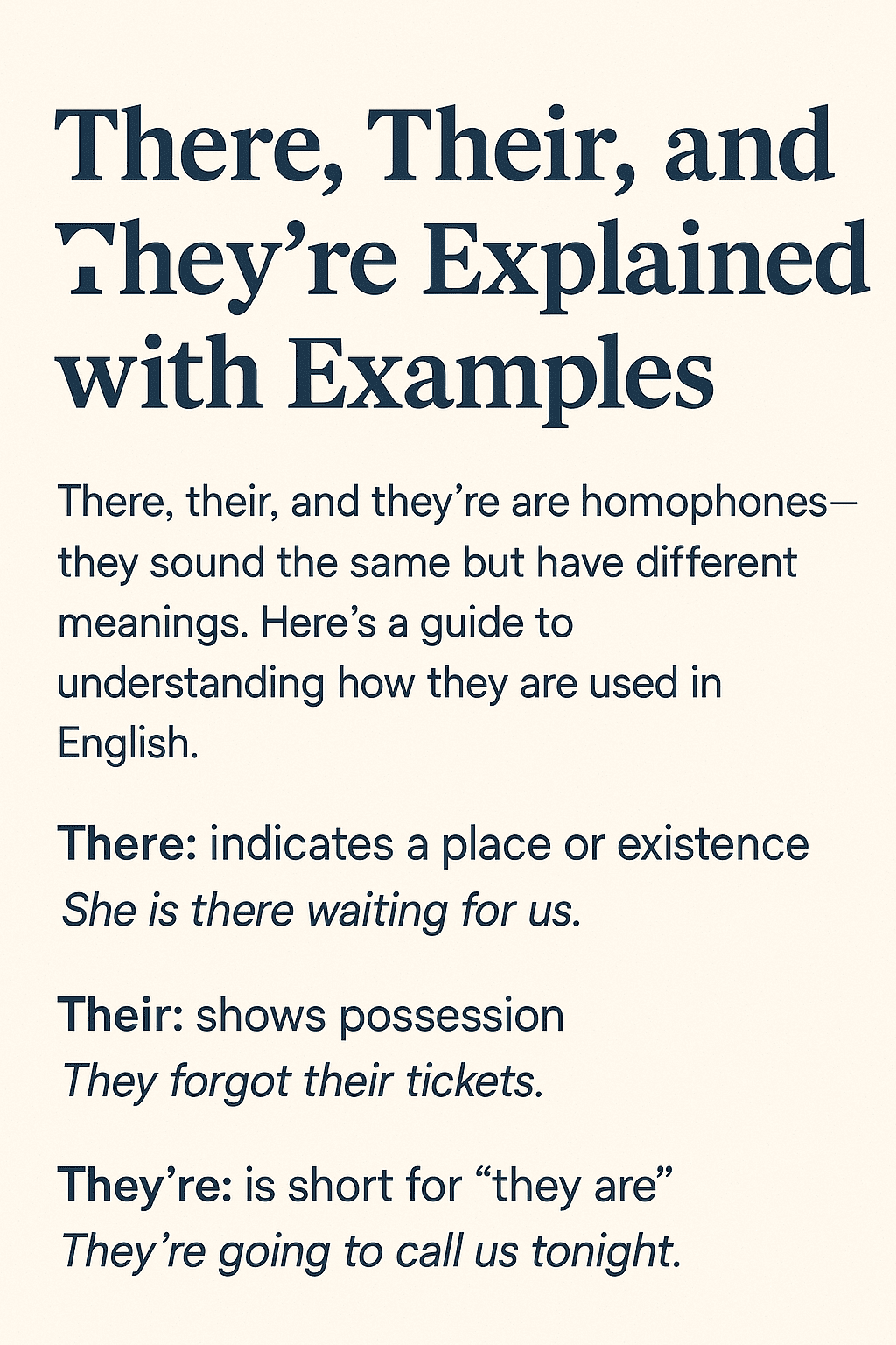 Table comparing the meanings and usage examples of there, their, and they’re with icons.