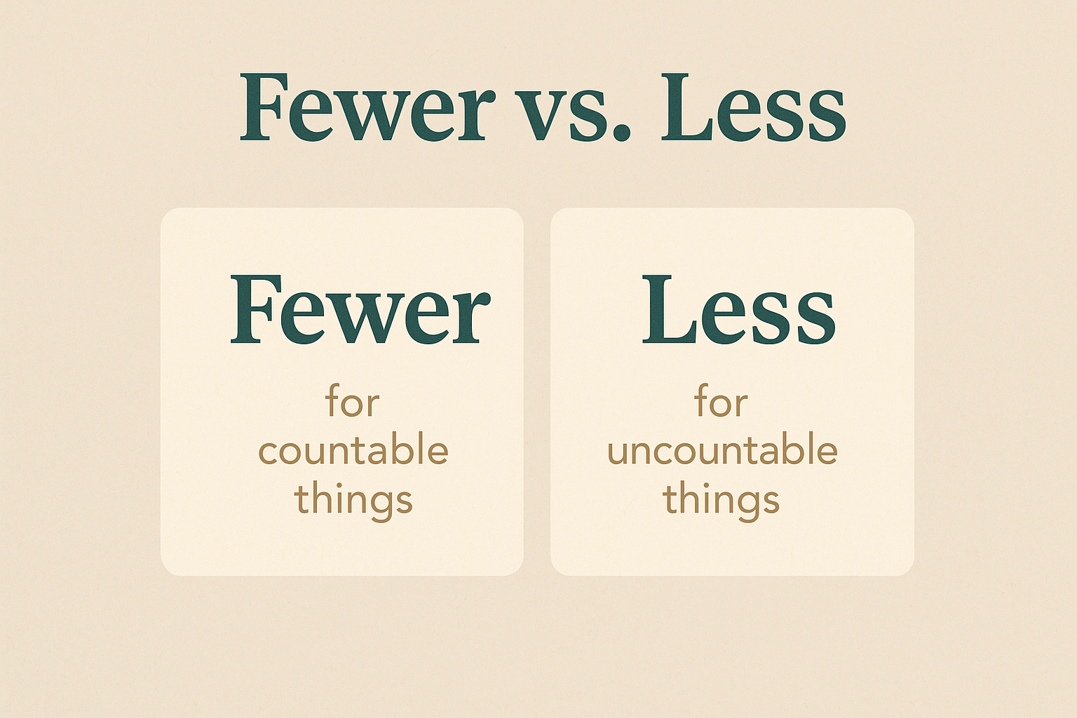 "Infographic explaining the difference 'fewer vs less' with clear examples for grammar learners"