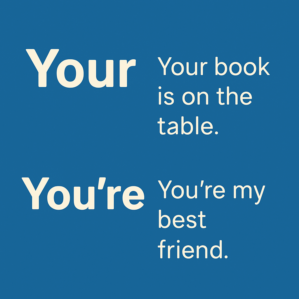 "Infographic explaining the difference 'your vs you're' with clear examples for grammar learners"